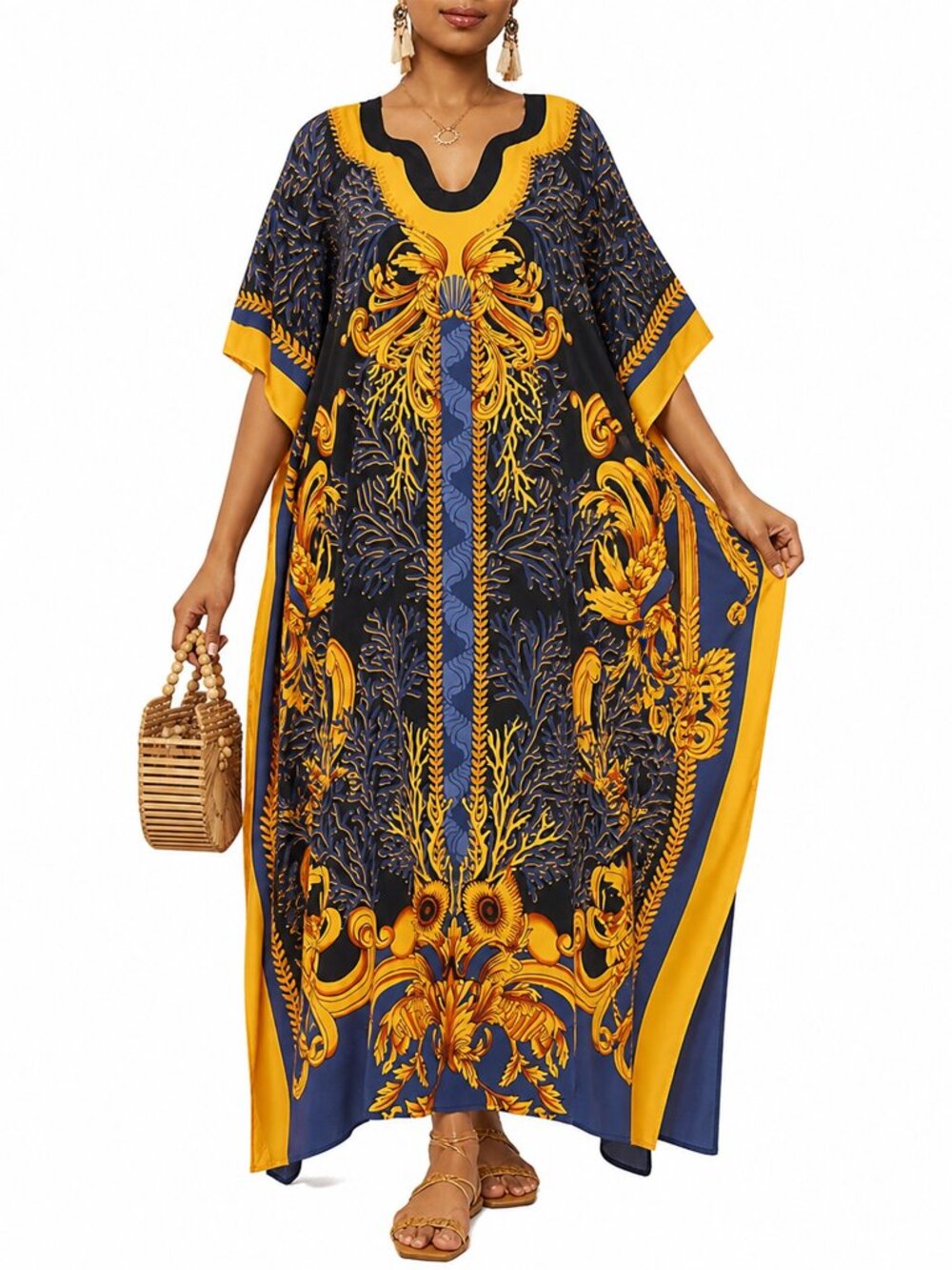 Women Plus Size Stylish Caftan Dress Beach Cover Up Polyester Maxi Mumu Dresses